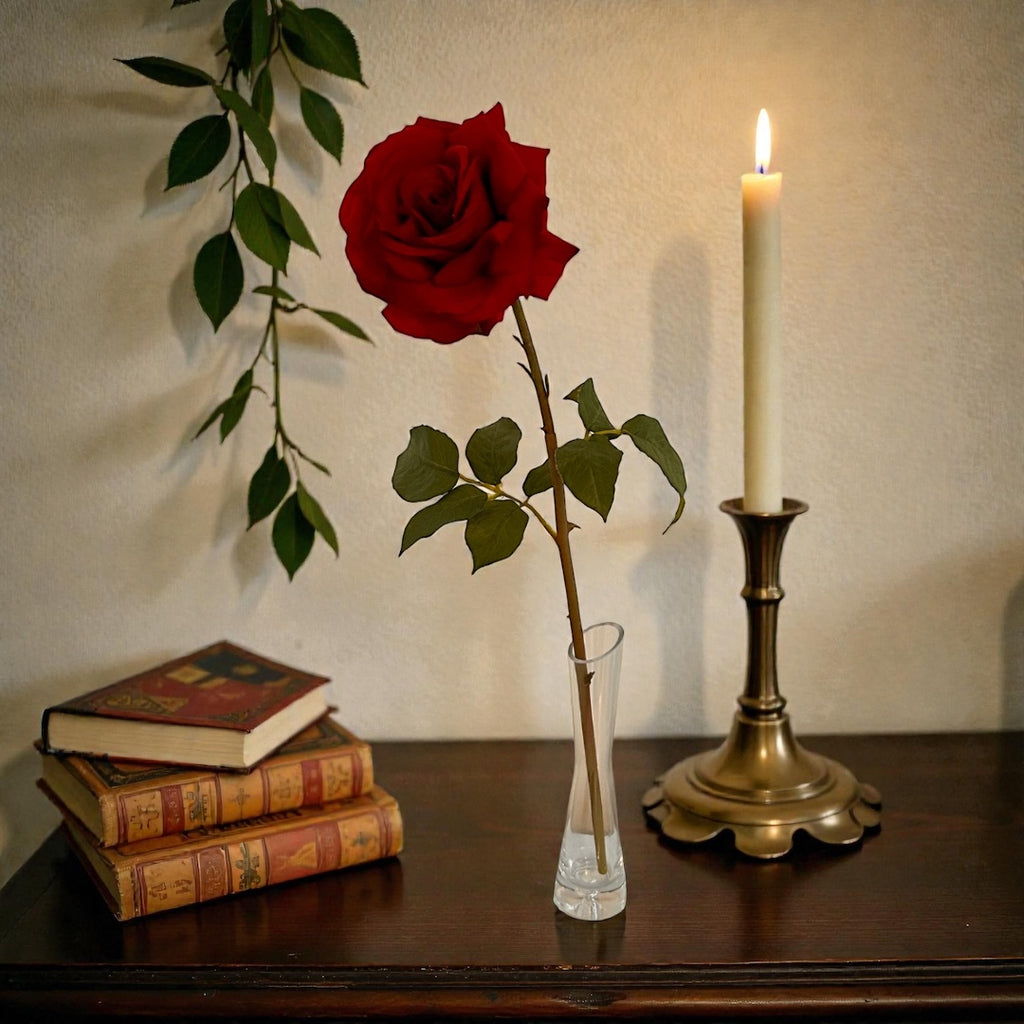 luxury artificial red rose by elm and willow in glass vase/